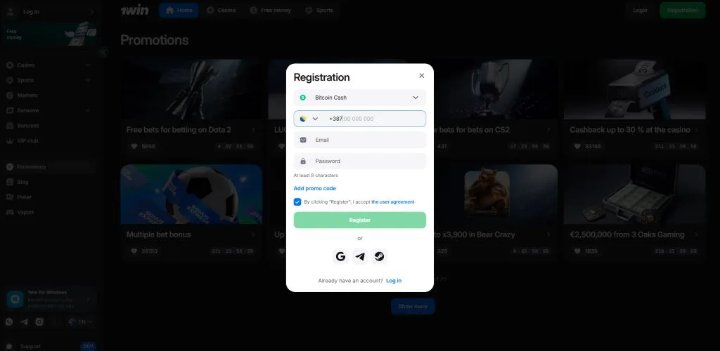 Registracija sa poljem Promo Code za unos koda bhcasino