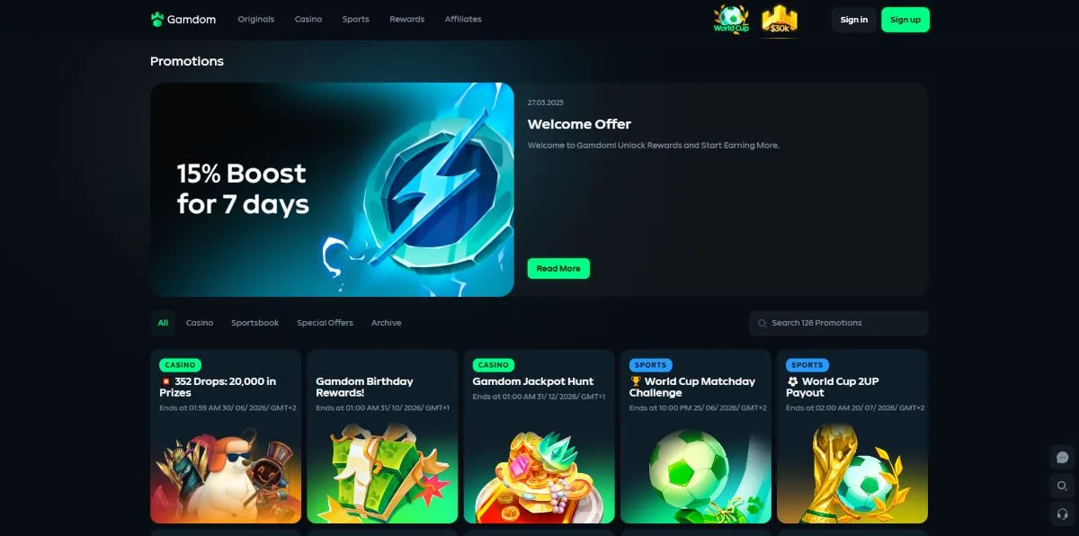 Gamdom stranica promocija sa Welcome Offer: 15% Boost za 7 dana i grid drugih akcija