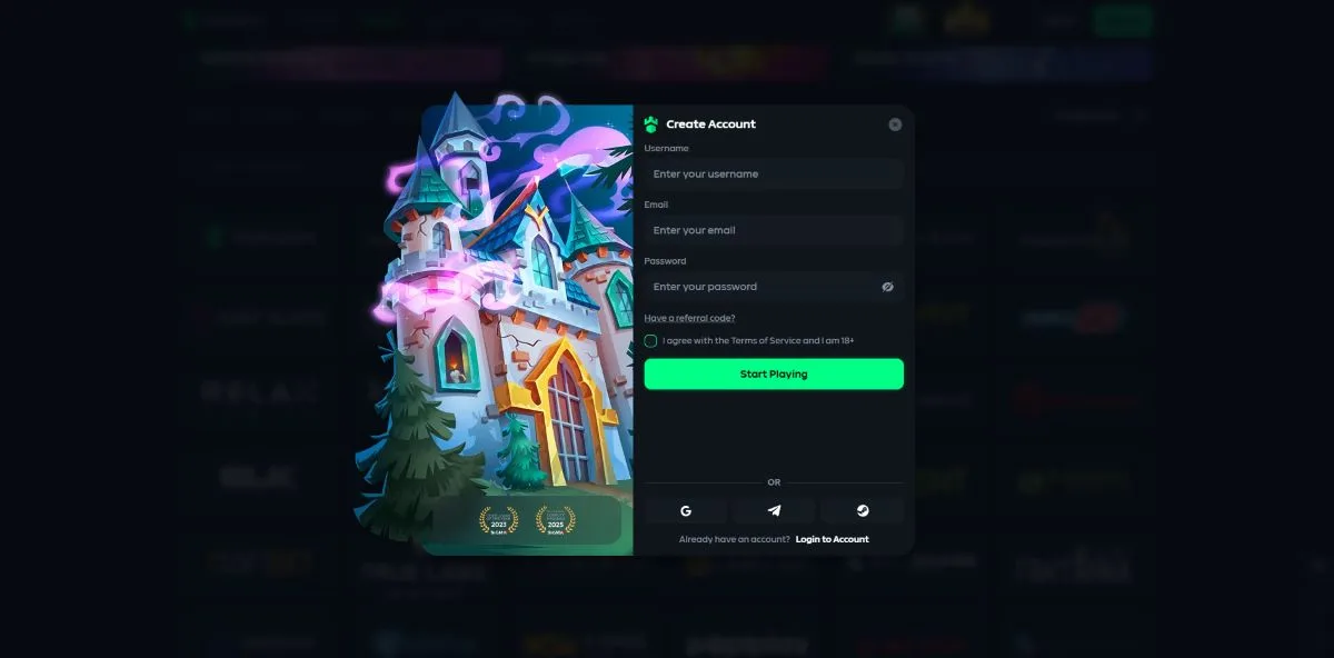 Gamdom Create Account forma sa poljima korisničko ime, email, lozinka, referral kod i potvrdom 18+
