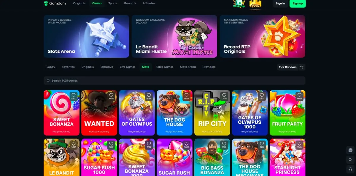 Gamdom slot katalog sa naslovima Pragmatic Play, Hacksaw Gaming i Nolimit City provajdera