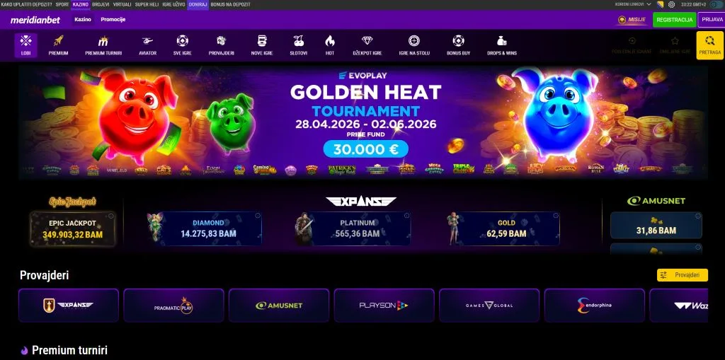 Meridian Bet BiH početna sa sport, casino i live klađenje sekcijama