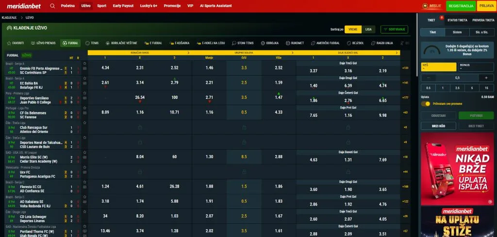 Meridian Bet live klađenje sa kvotama uživo i statistikom