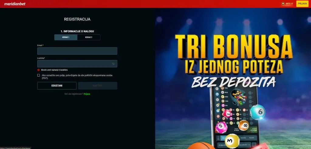 Meridian Bet registracija novog naloga sa email, lični podaci i promo kod