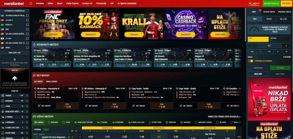 Meridian Bet sport klađenje, fudbal, košarka, tenis i Roland Garros sa kvotama