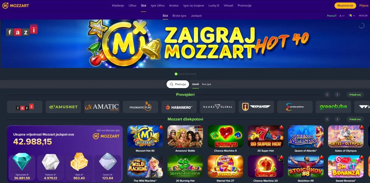 Mozzart Casino BiH početna stranica sa kazino igrama i sportskim klađenjem