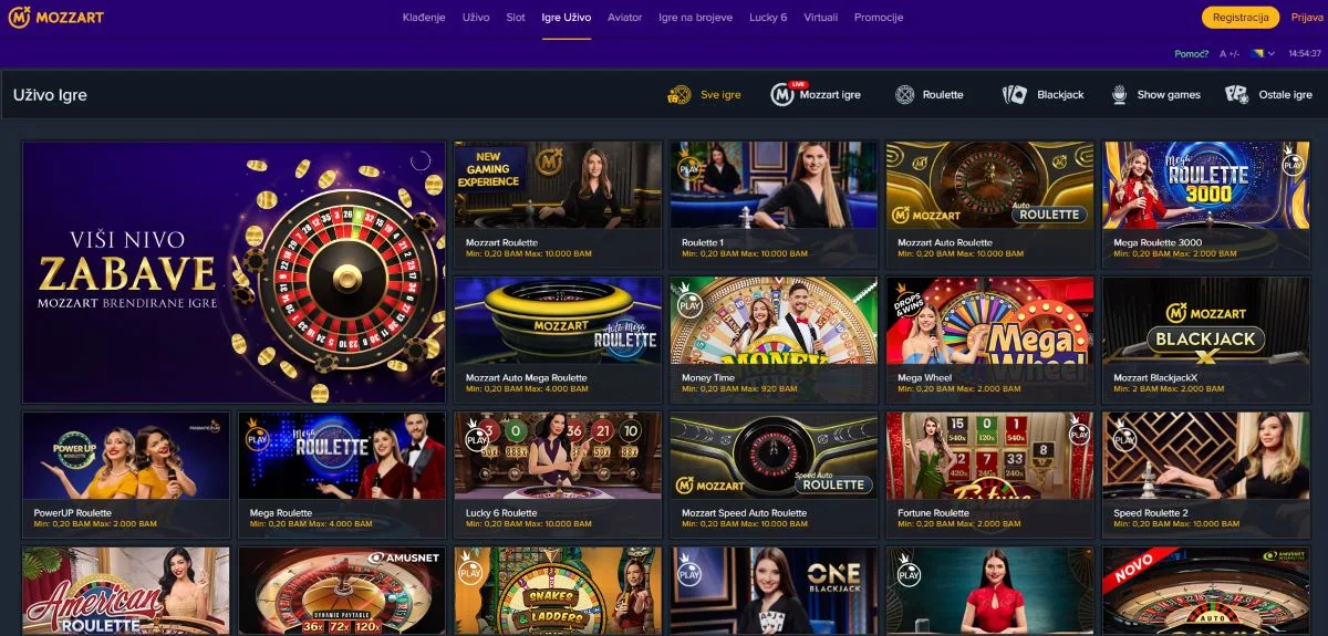 Live casino sekcija Mozzarta sa stolovima za rulet i blackjack