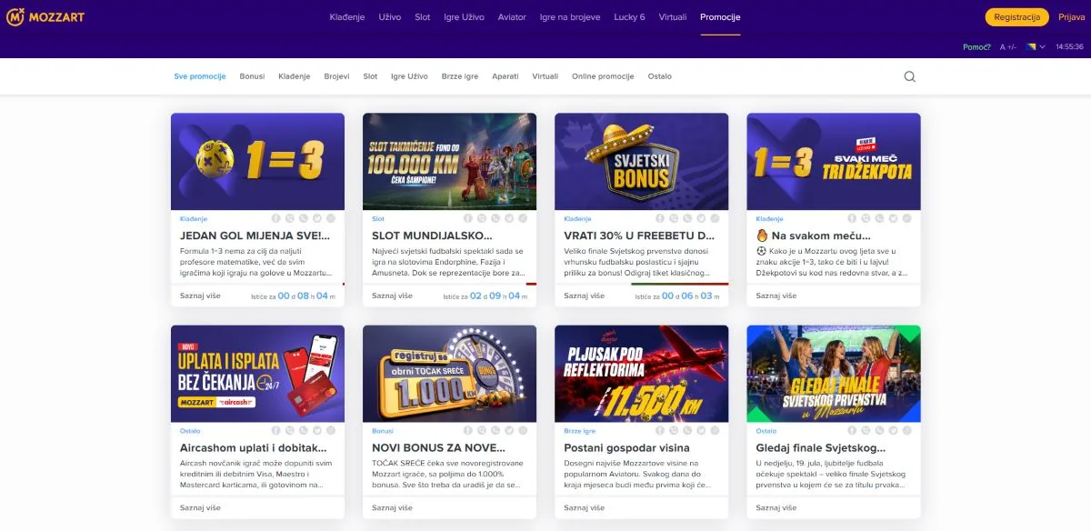 Stranica sa Mozzart promocijama i bonusima za nove igrače