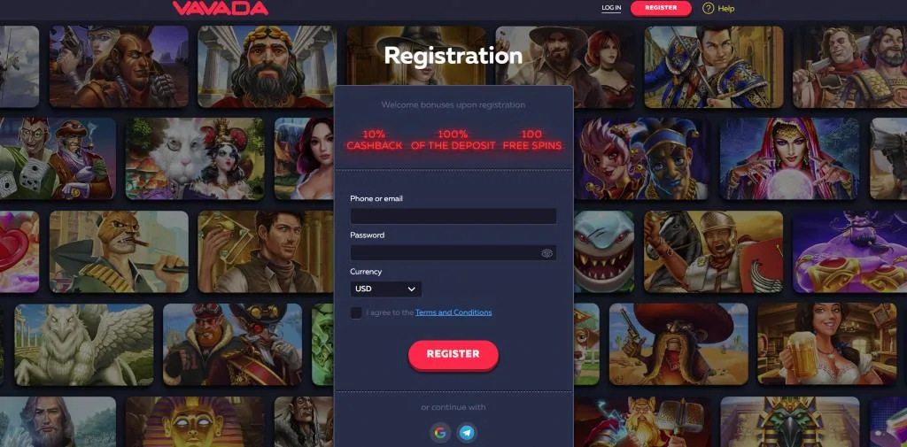 Vavada registracija, forma za novi nalog