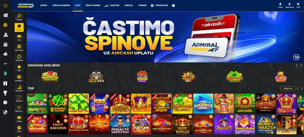 Početna stranica AdmiralBet casina sa lokalnim plaćanjima
