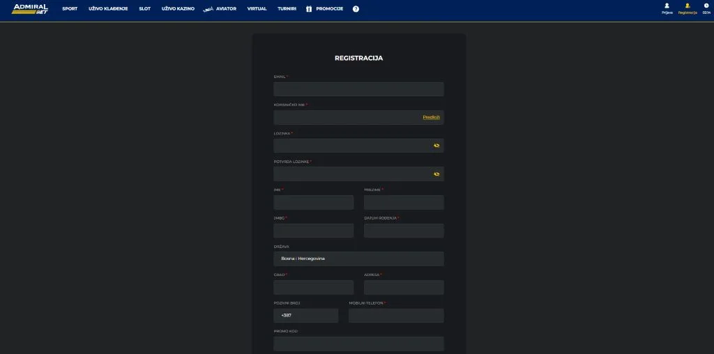 Registracijska forma online casina sa poljima za ime, JMBG, datum rođenja, državu BiH i adresu