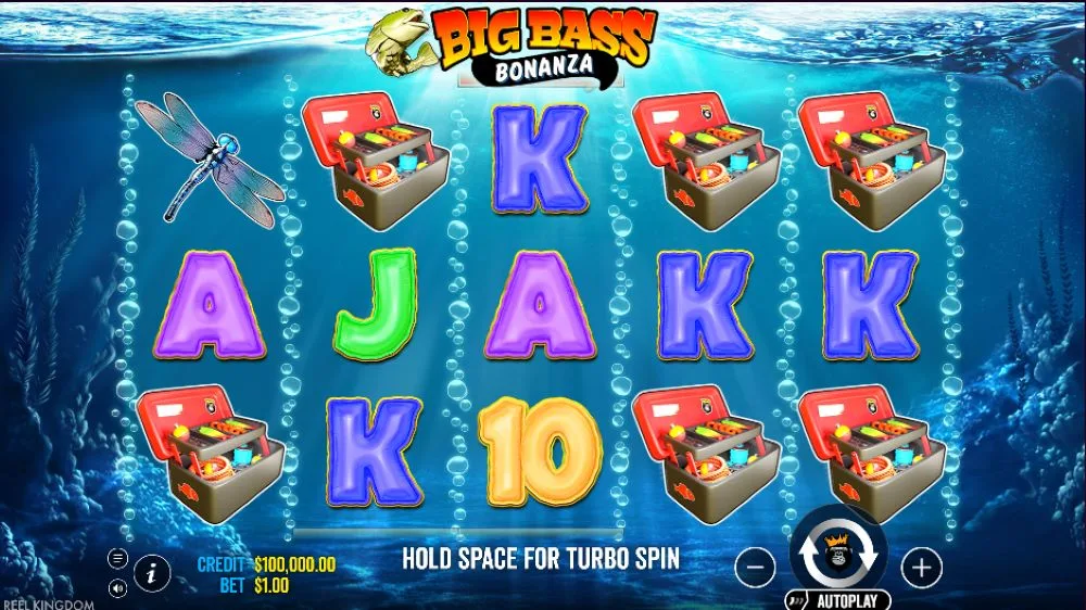 Big Bass Bonanza slot ekran sa 5 rolni, podvodnom temom, tackle box i royal simbolima