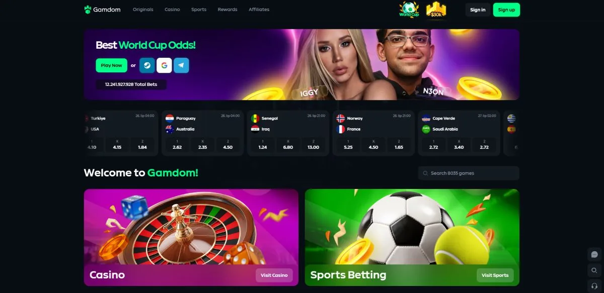 Gamdom početna stranica sa Originals igrama, casinom i sportom