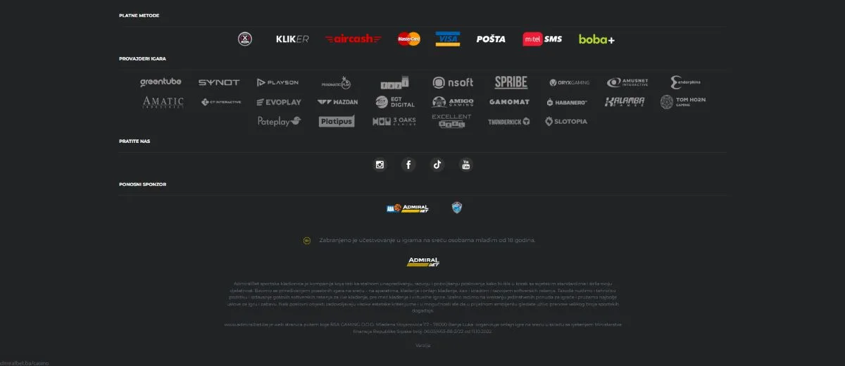 Podnožje casino sajta sa logoima lokalnih metoda plaćanja: Kliker, Aircash, Pošta, m:tel SMS i Boba+