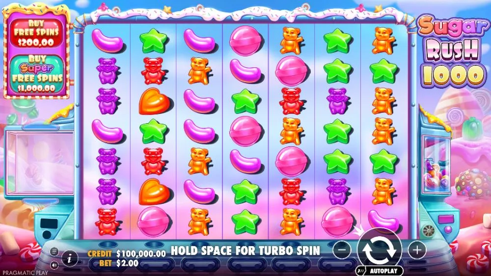 Sugar Rush 1000 slot ekran sa 7x7 mrežom, candy simbolima i opcijama bonus kupovine