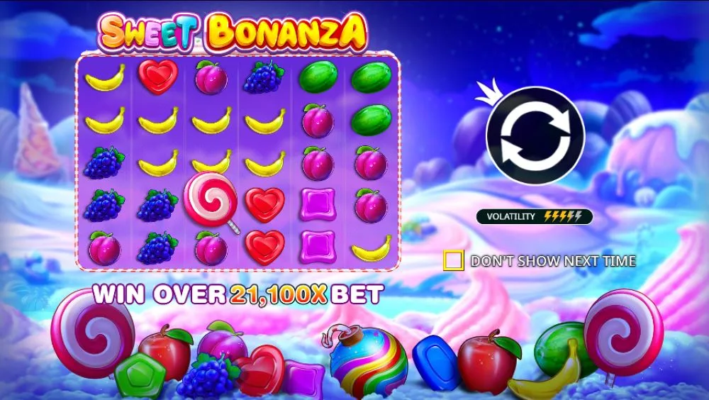 Sweet Bonanza slot ekran sa simbolima voća, lizalicom scatter i oznakom volatilnosti