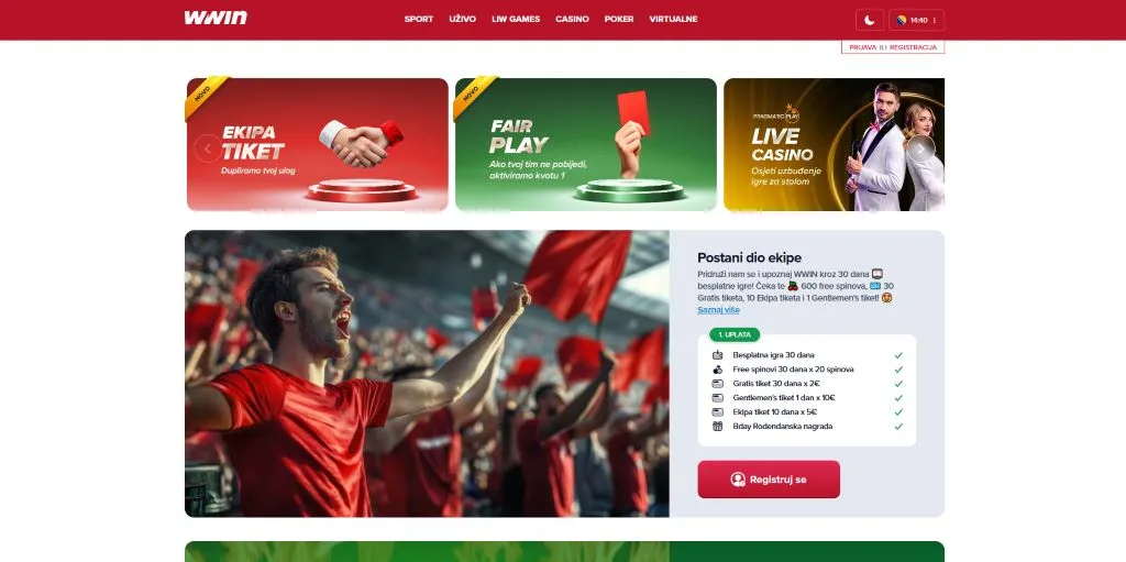 Početna stranica WWIN casina sa sportom, kazinom i pokerom